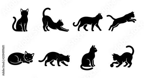Bild auf Leinwand Black Cat Silhouettes: Playful Feline Poses, Elegant Domestic Animals, Vector Ic