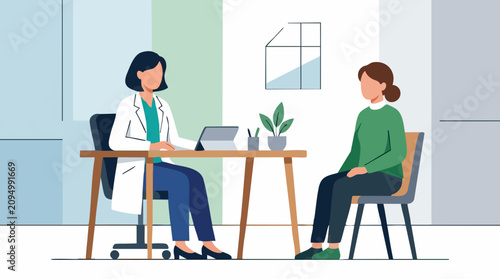 Tableau sur toile Doctor consulting with female patient in office, medical consultation illustrati