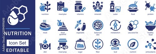 Fotografía Nutrition, Diet, Vitamins and Balanced Meal Plan Solid Icon Set