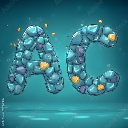 Abstract luxury composition of the letters A and C formed from colorful gemstones on a smooth surface, with a soft gradient background enhancing the visual appeal