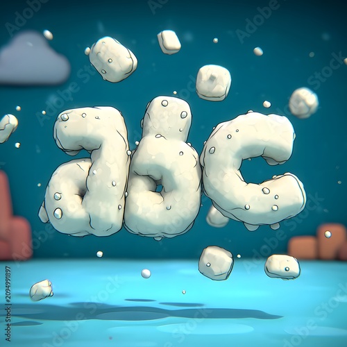 Abstract luxury composition featuring the letter A in a playful, fluffy style against a vibrant blue background with soft clouds and colorful geometric shapes