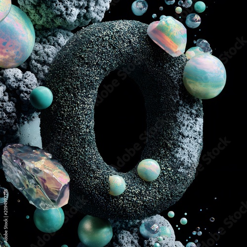 Abstract luxury composition featuring the letter O surrounded by colorful spheres and textured elements against a black background, showcasing modern design aesthetics