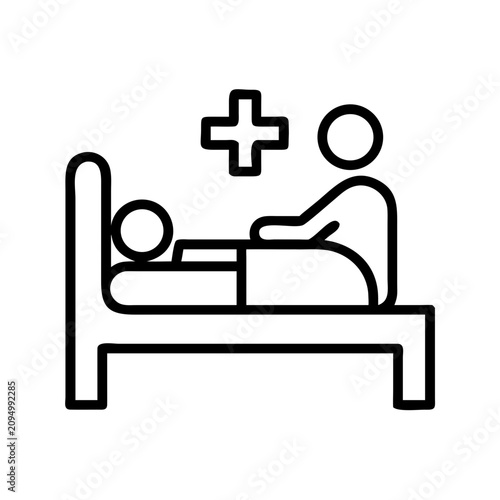 Nurse tending to patient in hospital bed - A simple vector icon showing a nurse attending a patient lying in a hospital bed with a medical cross symbol.