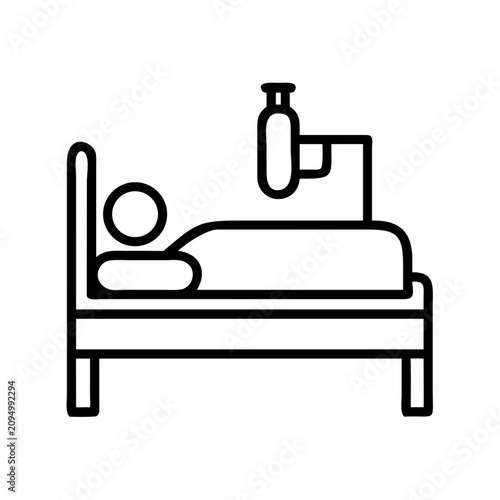 Person resting in bed with medical bottle - Minimalist vector icon of someone lying in bed with an IV bottle nearby for medical or healthcare themes.