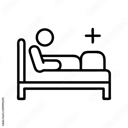 Person relaxing on a bed with plus sign - Simple black and white vector icon of a person lying on a bed with a plus symbol indicating addition or options