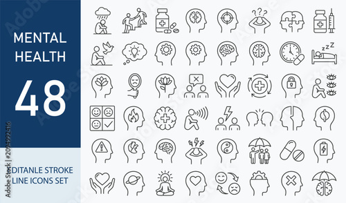 Bild auf Leinwand Mental health icon set. Editable line icons. Vector illustration.
