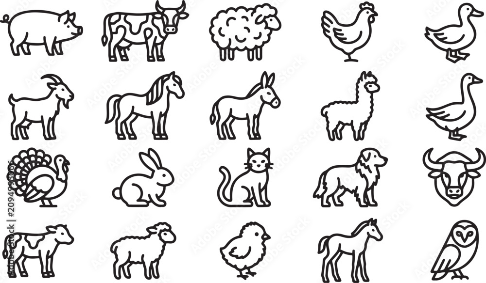 Naklejka premium Set of farm animal icons in black and white line art style