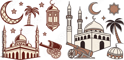Foto Islamic architecture and cultural symbols vector set