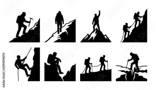 Bild auf Leinwand Climbing Silhouettes, Mountain Adventure Icons, Summit Success Vector Set, Outdo