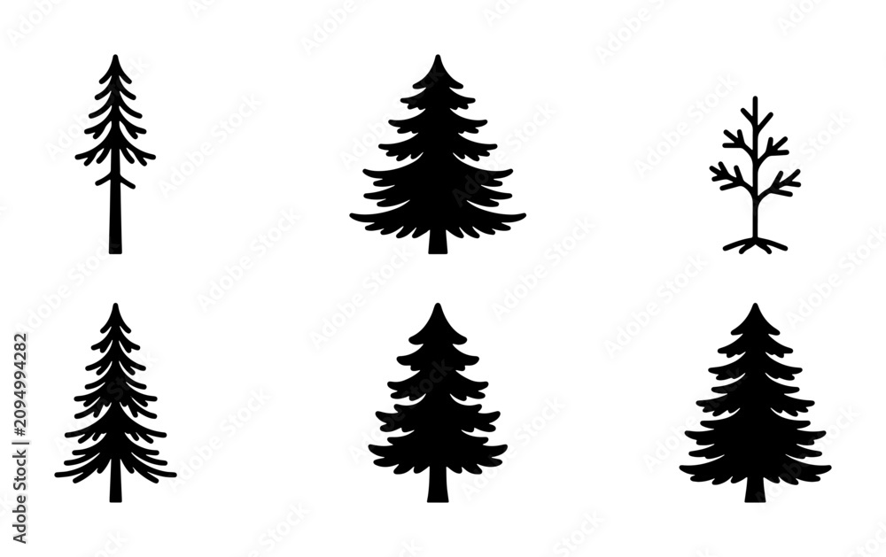 Obraz premium Vector Icons: Six Black Silhouette Pine Trees, Spruce, Fir, Evergreen Forest Elements