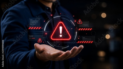 Cybersecurity Warning Alert Interface with Critical System Error Notification and Businessman Holding Virtual Security Risk Symbol for Data Protection and Network Monitoring