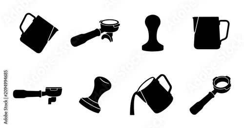 Photos Espresso Machine Accessories Vector Icons: Portafilter, Tamper, Milk Jugs for Ba