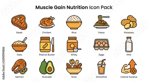 Muscle Gain Nutrition Icon Pack Featuring Healthy Foods and Supplements.