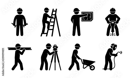 Cuadro en lienzo Construction Worker Icons Set: Building, Safety, Tools, Engineering, Welding, Su