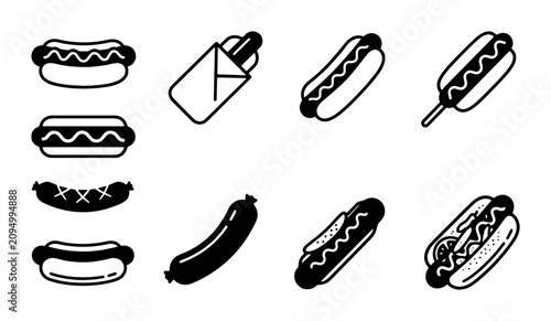 Cuadro en lienzo Vector Hot Dog Icons Set: Classic Sausage Snacks, Fast Food Graphics, Minimalist