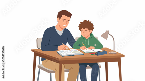 Happy father helping his son with school homework dad supporting boy studying at desk, flat vector illustration