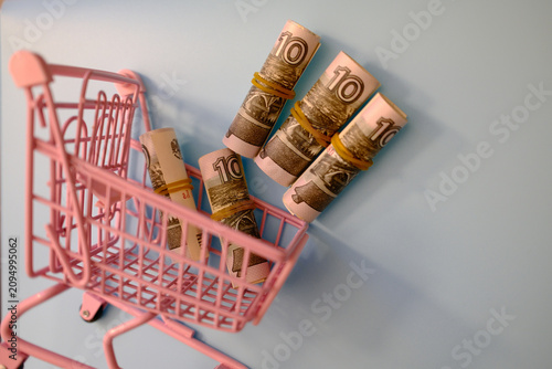 Canvastavla Small pink toy shopping cart with rolls of 10 Russian ruble banknotes, purchasin