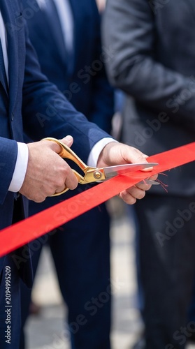 Official cutting a red ribbon with scissors. Grand opening ceremony event. Business launch milestone.