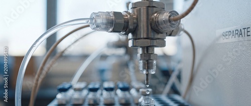 HPLC laboratory liquid chromatography system dripping chemical sample into vials for pharmaceutical analysis, advanced scientific research equipment, high-tech biochemistry lab close-up.