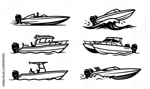 Photos Speedboat Vector Icons Set: Fast Motorboats, Watercraft Collection, Nautical Mar