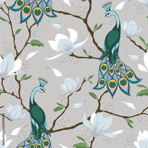 Vector seamless pattern of magnolia flowers, branches and peacocks. Romantic elegant background.