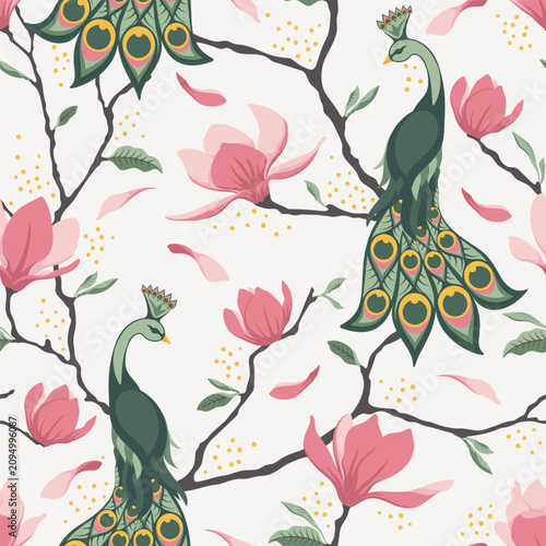 Vector seamless pattern of magnolia flowers, branches and peacocks. Romantic elegant background.