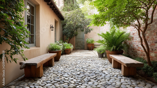 Cobblestone Flooring and Stone Benches in Quiet Courtyard