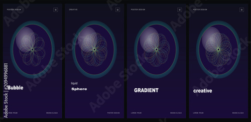 Fotografie Four dark purple smartphone screens display abstract circular designs with glowing elements and descriptive text below