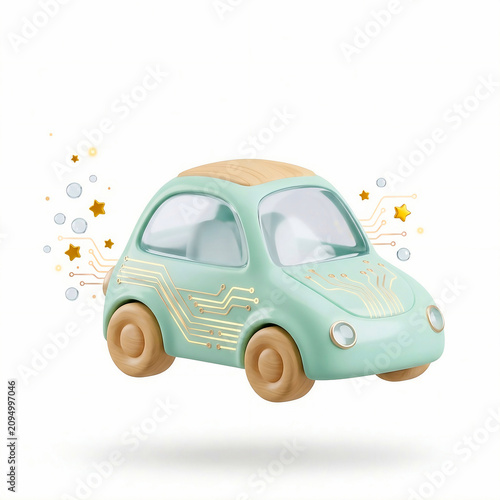 3D eco electric car icon with pastel mint green body, wooden wheels, and golden microcircuitry for sustainable smart transport concept, green energy vehicle claymorphism isolated on white background