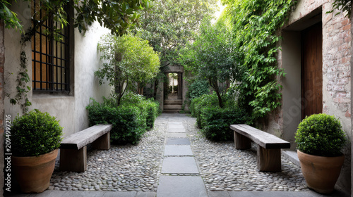 Inner Courtyard Garden Design with Cobblestone and Stone Benches
