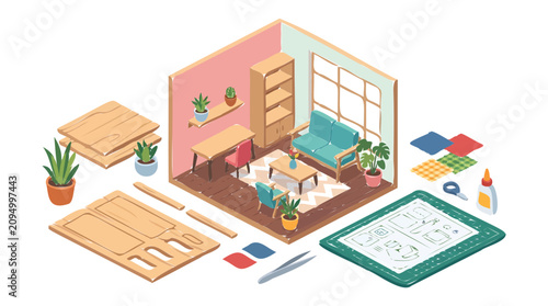 Half-Assembled Dollhouse Room Kit, Miniature Furniture, DIY Craft Project Illustration