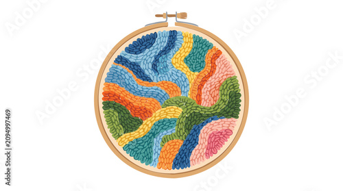 Colorful Punch Needle Embroidery Artwork in Wooden Hoop Craft Project
