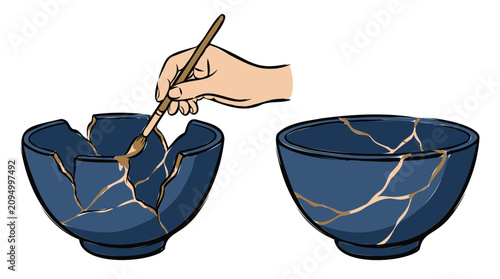 Japanese Kintsugi art mending broken ceramic bowl with golden lacquer.