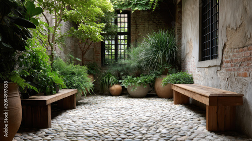 Classic Cobblestone Flooring in Quiet Inner Courtyard Garden