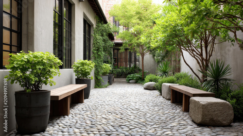 Relaxing Quiet Courtyard Garden with Tall Potted Plants
