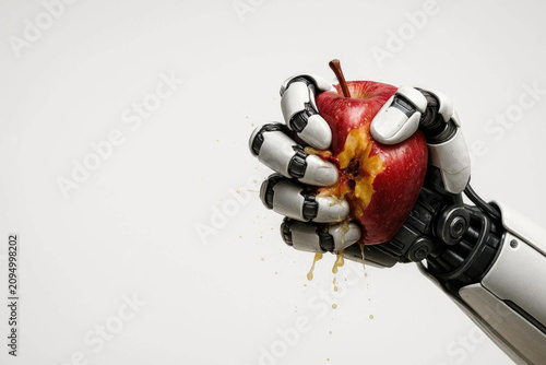 Robot hand crushing a red apple. Space for text.