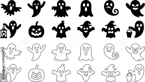 Assorted halloween ghost icon set in silhouette and outline style with halloween