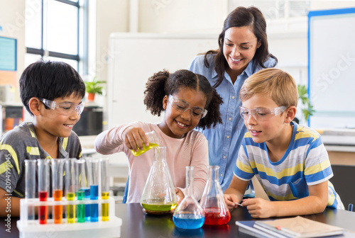 Elementary Students Performing Science Experiment in Modern Classroom