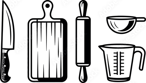 Baking and food preparation utensil icons with utensils measuring preparation