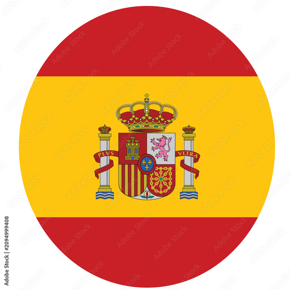 Obraz premium Spain Circle Logo Vector Design, Spain flag vector illustration in a circular badge design. Spanish national colors emblem isolated on a white background. Perfect for travel icons