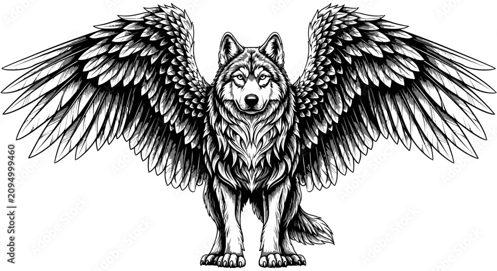 Bild auf Leinwand Wolf with large eagle wings.
