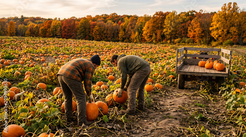 Autumn harvest team, casual work clothing, pumpkin field stretching to colorful tree line, natural candid working posture, wide scene