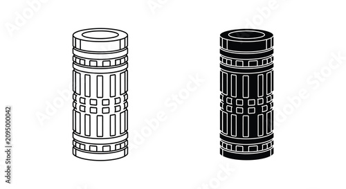Obraz na płótnie Cylindrical object with recessed bands black and white silhouette