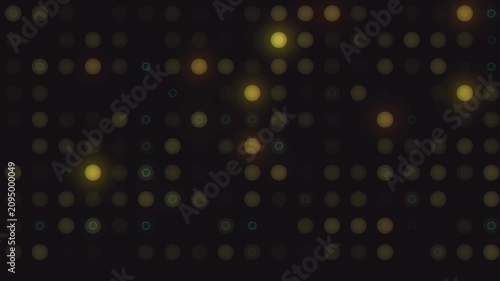 Soft glowing dot grid pulses on deep charcoal background, warm amber highlights drifting inward with gentle flicker, subtle halo rings, repeating pattern and calm abstract motion