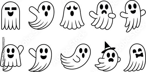 Cute cartoon ghost character icons set for halloween decoration with halloween
