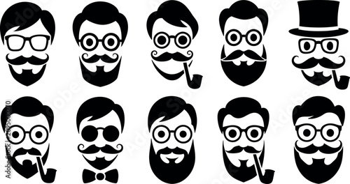 Set of hipster male face icons with various glasses and facial hair styles