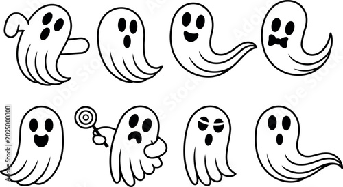 Collection of hand drawn style cartoon ghost icons for halloween with halloween