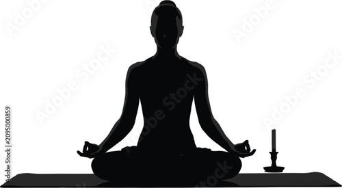 Photography Black Silhouette Woman Meditating Lotus Yoga Pose on Mat with Candle Holder Besi