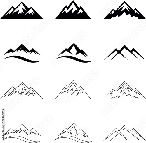 Set of mountain landscape icons and adventure symbols with mountain, landscape
