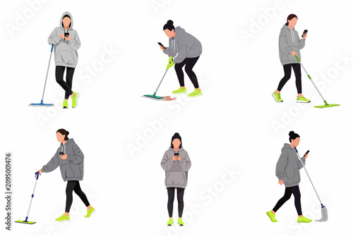 Obraz na plátně Set of flat illustrations featuring a woman cleaning the house while constantly distracted by her smartphone, depicting procrastination and modern lifestyle